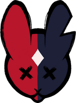 This image depicts a stylized, symmetrical design of a bunny face divided into two contrasting halves. The left side is red, and the right side is navy blue. Both eyes are represented as black "X" marks, with a white diamond-shaped patch in the center wher